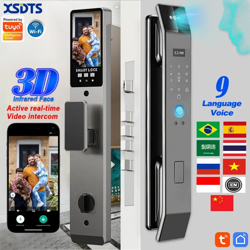Xsdts wifi tuya app reconhecimento facial fechadura da porta inteligente com câmera chamada de vídeo intercomunicador de voz fechadura da porta digital fechadura da porta automática