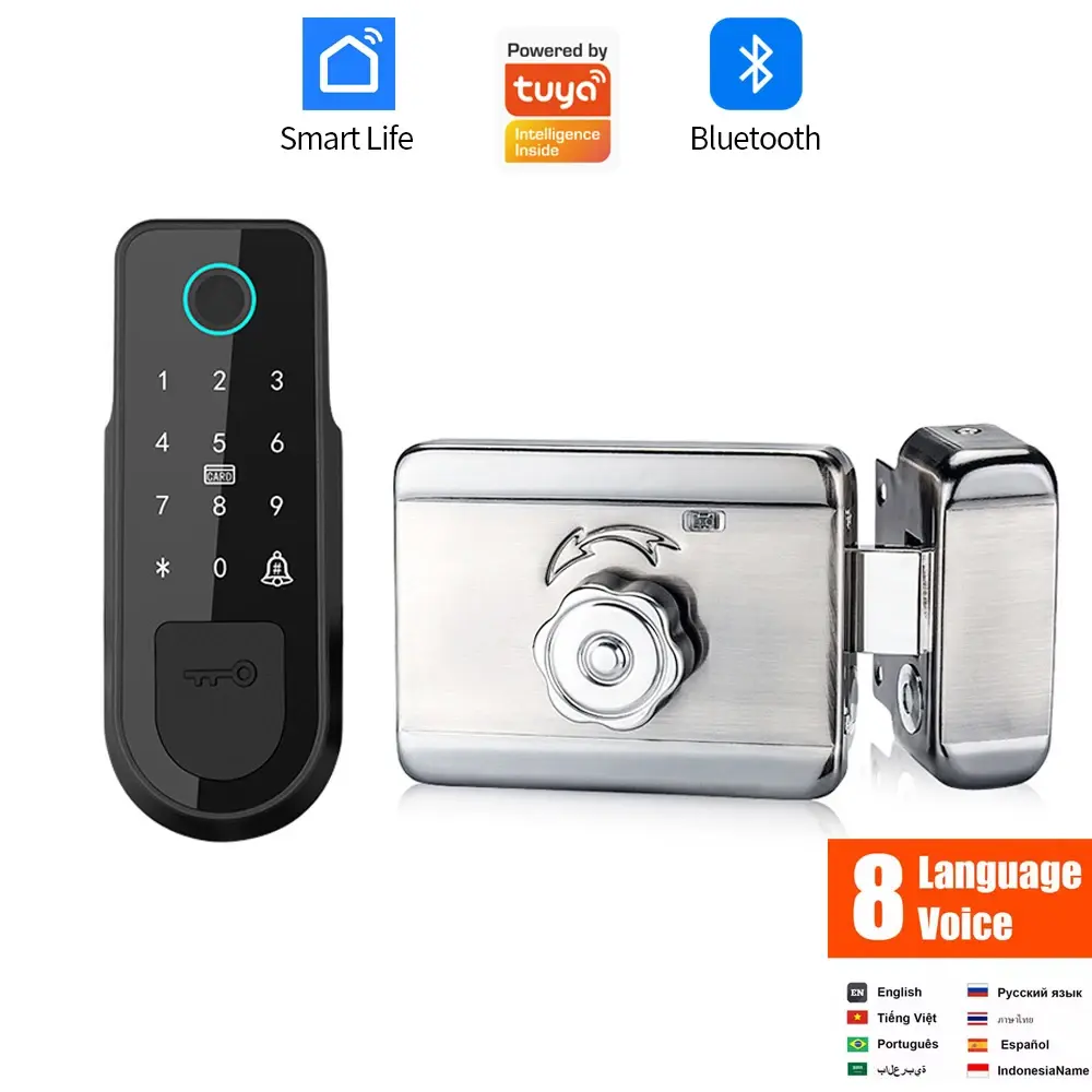 Fechadura Eletrônica Inteligente com Suporte ao Aplicativo Tuya, Bluetooth, Impressão Digital, Senha, Cartão RFID e Trava de Roda