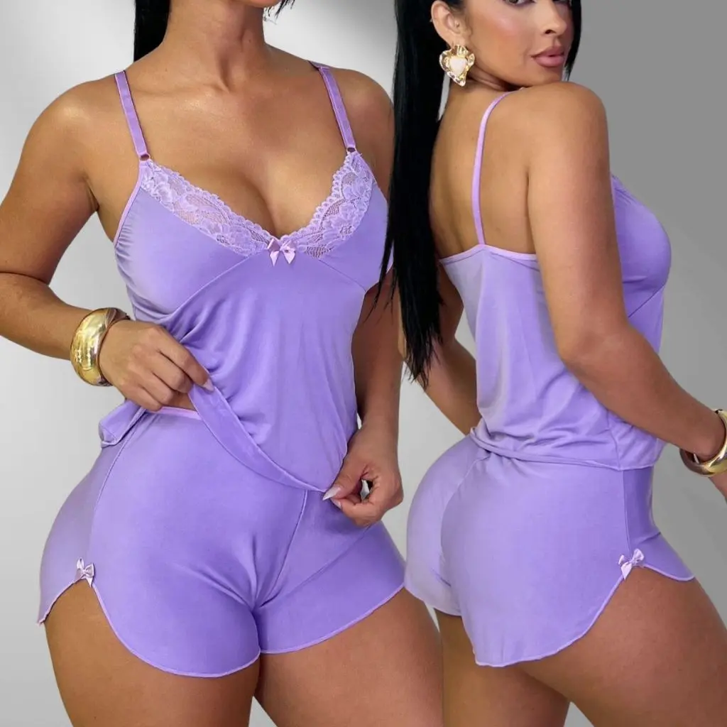 Pijama Baby Doll Malha Fria Tecido Fresquinho Roupa De Dormir Lingerie Confortável Molinho Sensual Renda - 1