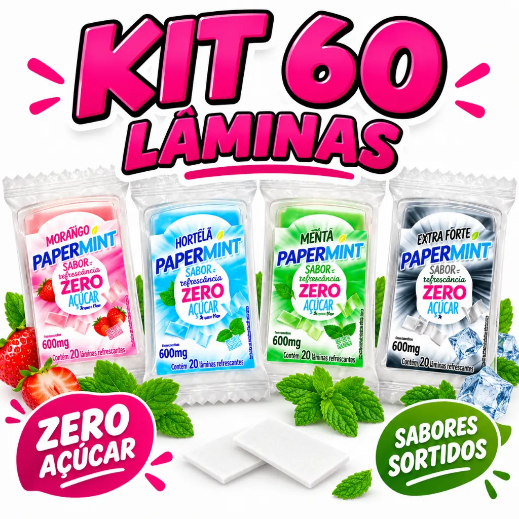 Kit 60 Papermint Bala Lâminas Refrescantes Zero Açúcar - 1
