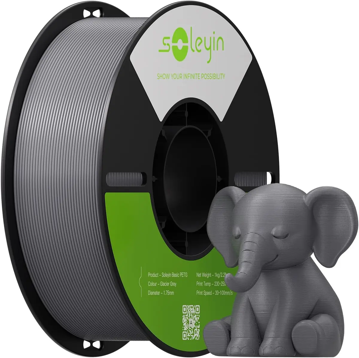 Creality Filamento Soleyin Basic PETG 1,75mm para Impressora 3D, Velocidade de 200mm/s, Impressão fluida sem entupimentos, Bobina de 1kg (2,2lb) para A Maioria das Impressoras 3D FDM (Cinza Glacial)