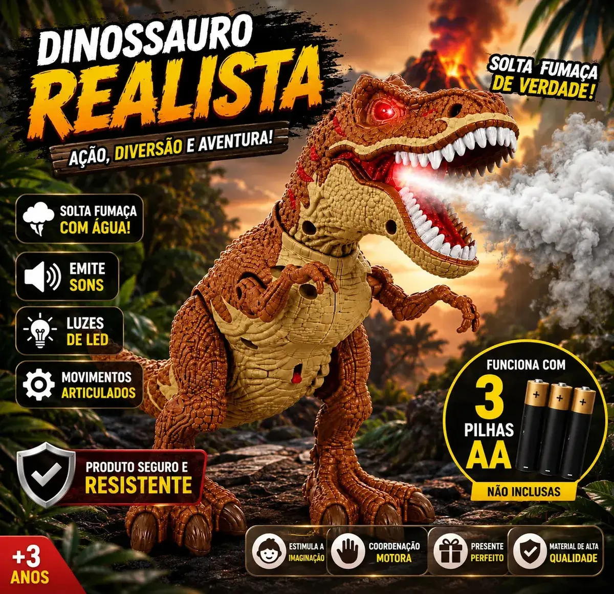 Brinquedo Dinossauro T Rex Solta Fumaça Com Rugido Som E Luz Boneco Tiranossauro Rex thumbnail 4