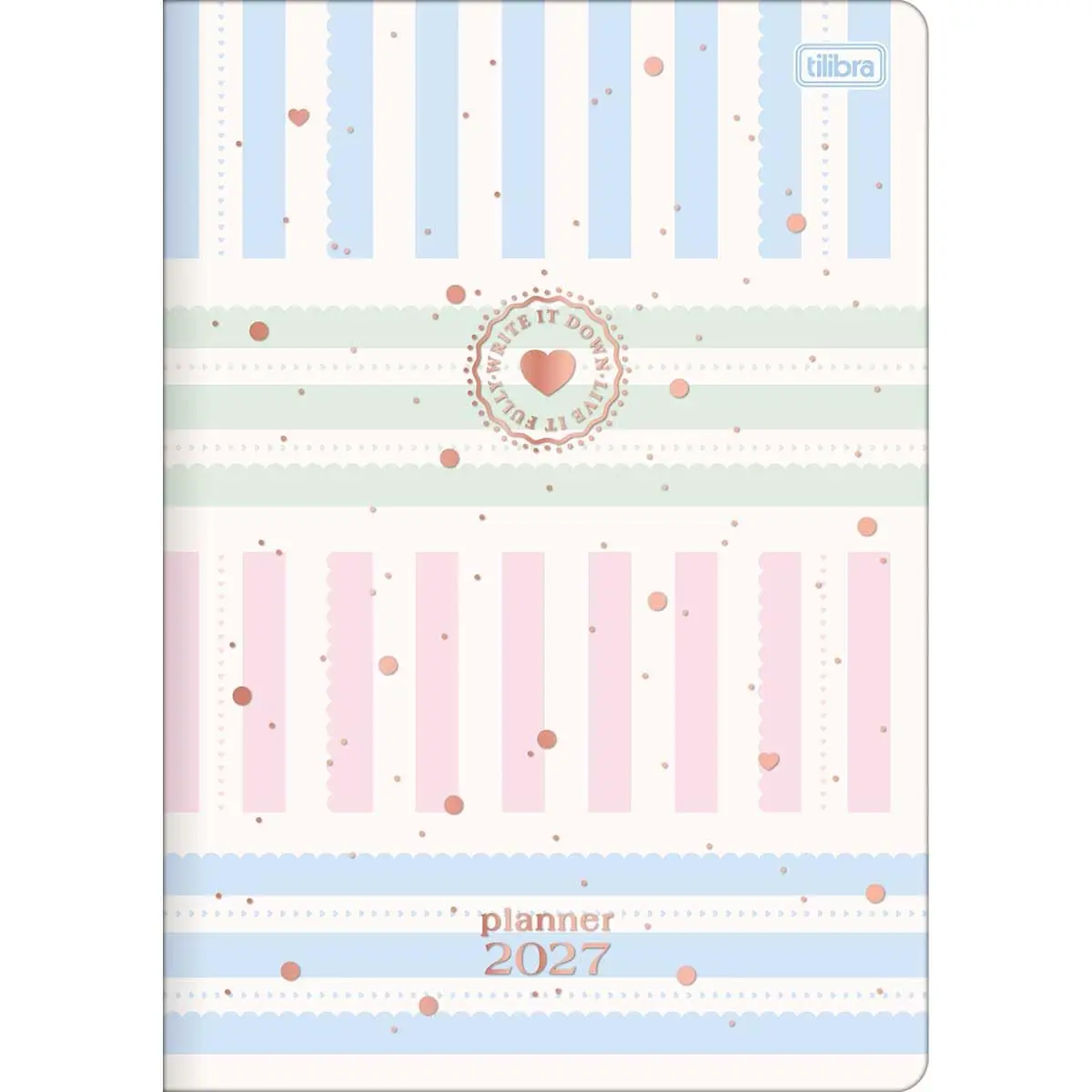 Tilibra - Planner Grampeado 17,8 x 25,4 cm Soho 90 G 2027 - Listras Azul Rosa e Verde