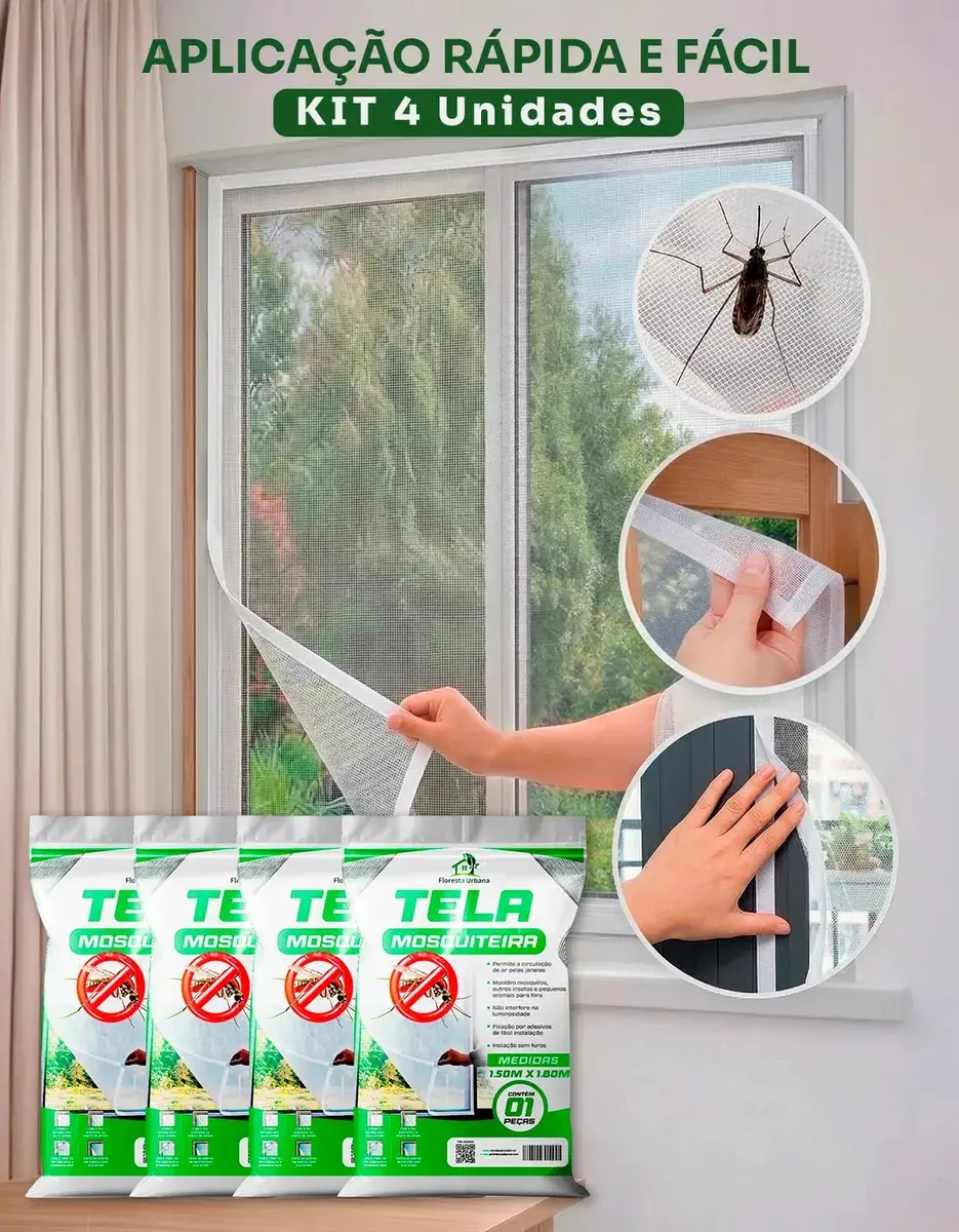 Kit 4 Telas mosquiteira janela anti-inseto para mosquito proteção com velcro ajustável 150 x 180 cm Floresta Urbana - 1