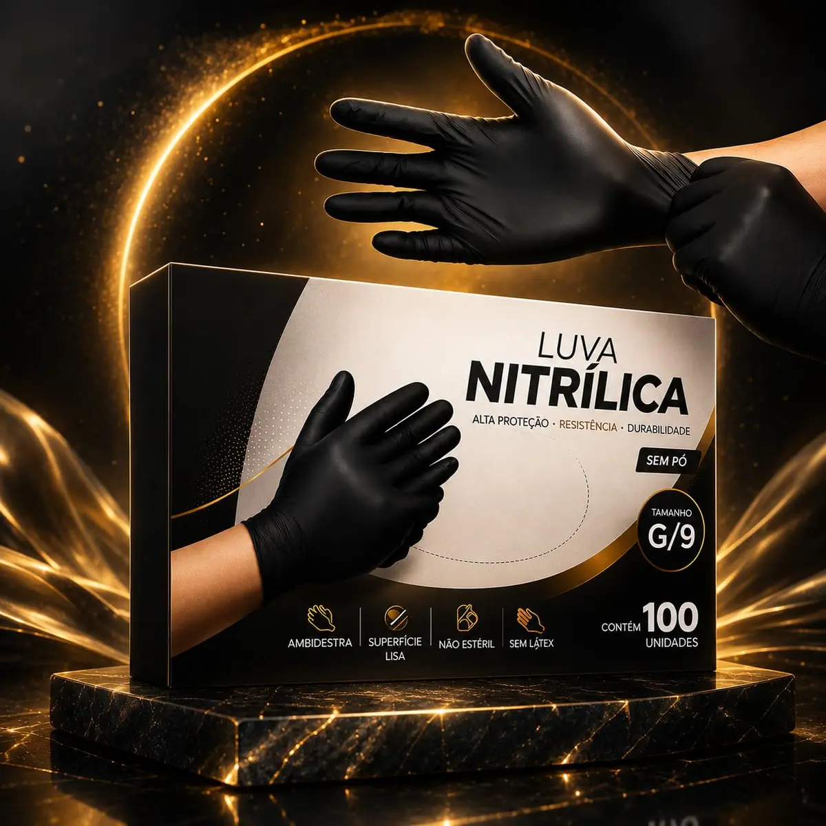 Luva Nitrilica Preta Linha Super Premium Totalmente Sem Pó Antiderrapante Moderna Com 100 Unidades Descartável | P M ou G