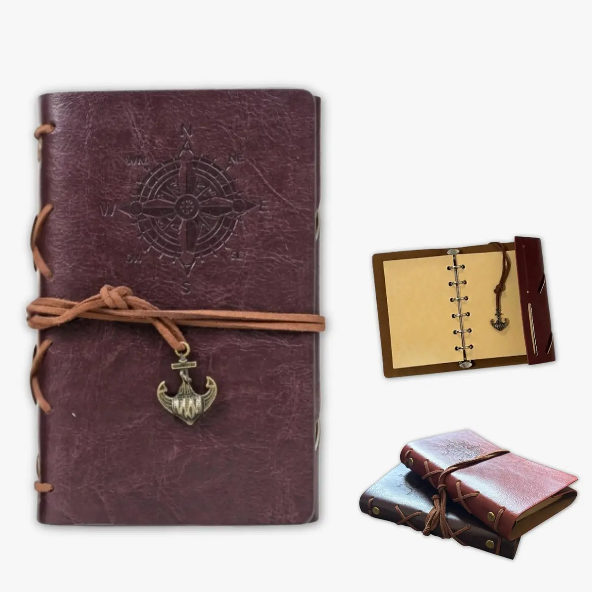 Caderno Vintage A6 Sem Pauta Diário Retrô Couro Sintético 75 fls - Vinho | Papel 100g, Design Retrô