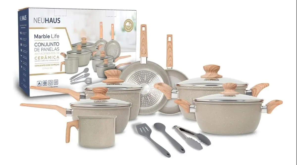 Jogo de Panelas Cerâmica Antiaderente 10 Peças Neuhaus Marble Life – Compatível com Indução, Gás e Elétrico – Com Utensílios em Silicone – Cor Light Grey