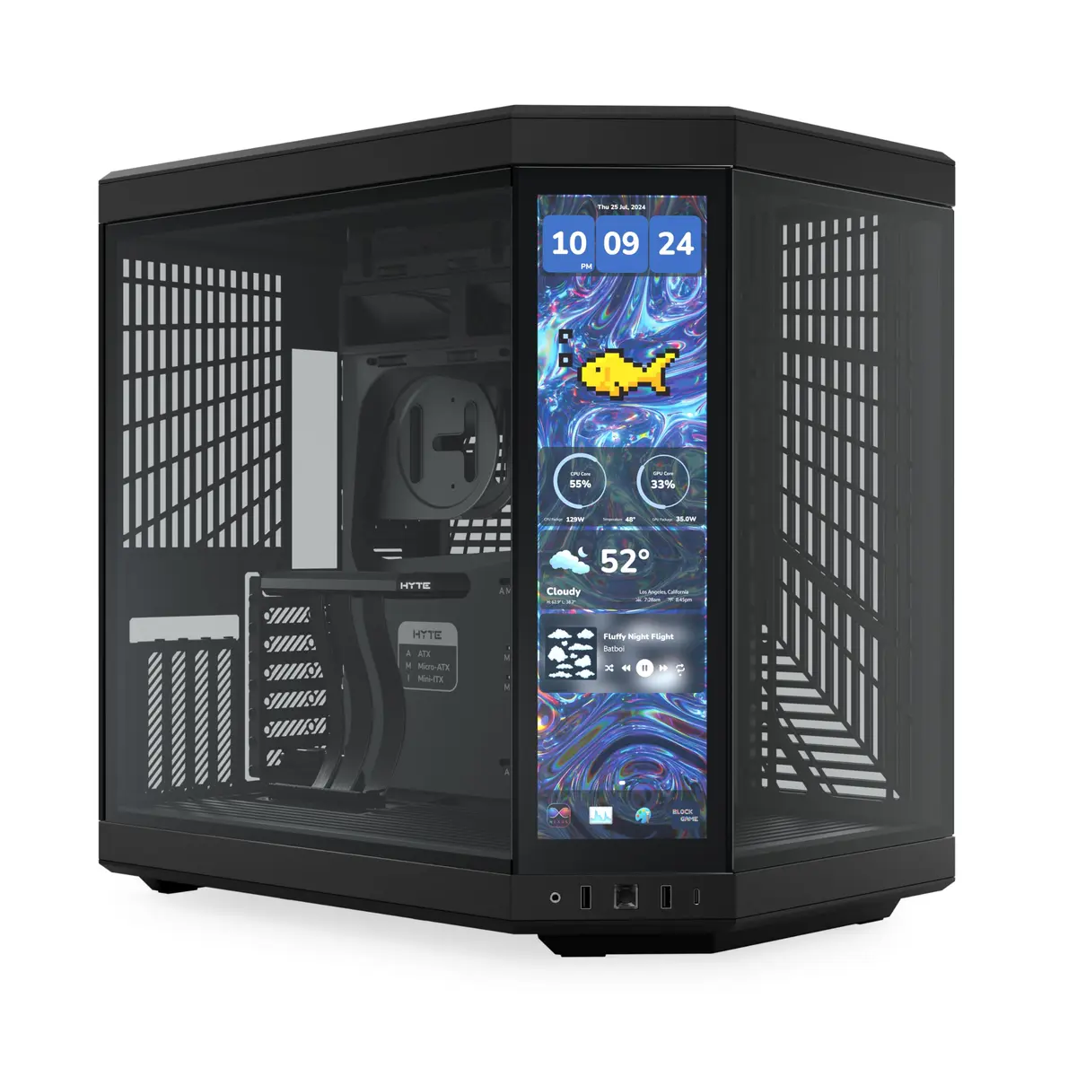 Hyte Y70 Touch Infinite Pitch Gabinete Gamer Mid Tower, Tela Touch LCD 4K 14,1", Vidro Temperado, Preto