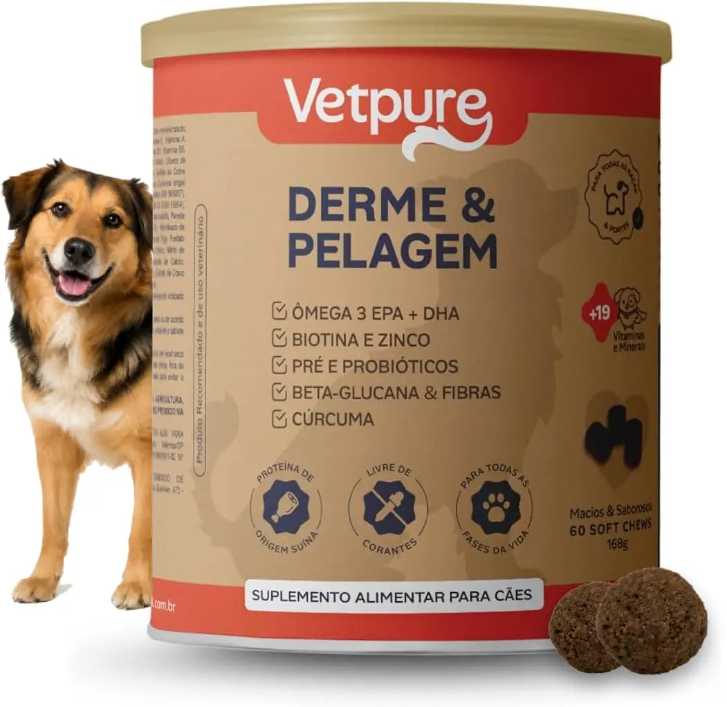 VetPure Derme e Pelagem, Suplemento Alimentar para Cães, Ômega 3 EPA + DHA, Biotina e Zinco, Pré e Probióticos, Beta-Glucana e Fibras, Cúrcuma, 60 Tabletes Mastigáveis