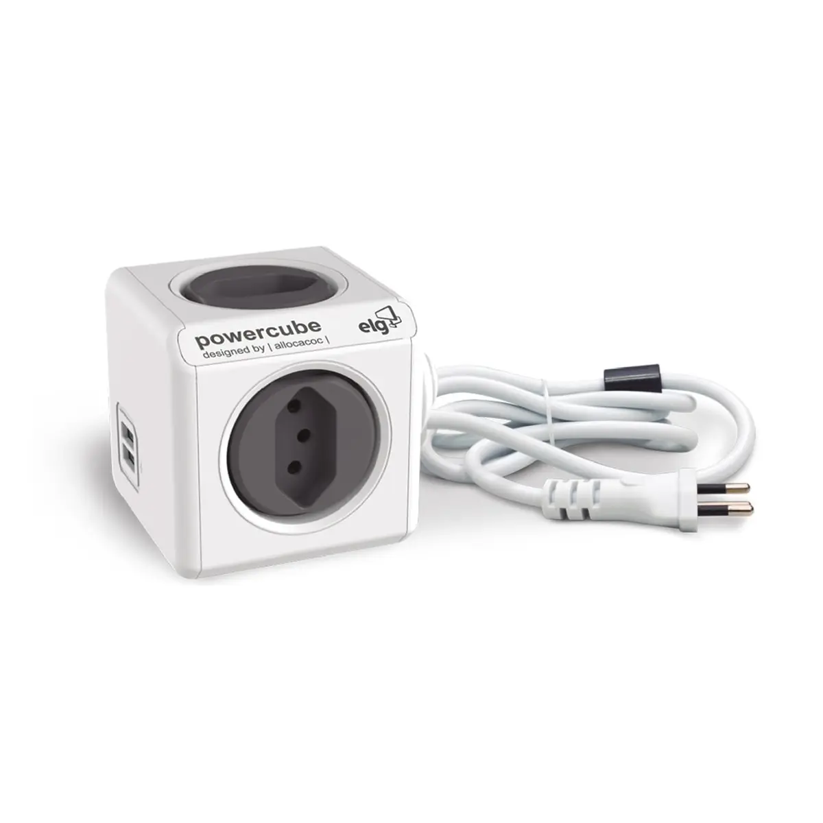 ELG, PWC-X4U/3M, PowerCube com Extensor USB, Filtro de Linha, Multiplicador 4 Tomadas Bivolt com 2 Portas USB 2.4A, Disjuntor Integrado de 10A, Cabo 3m, Cinza - 1