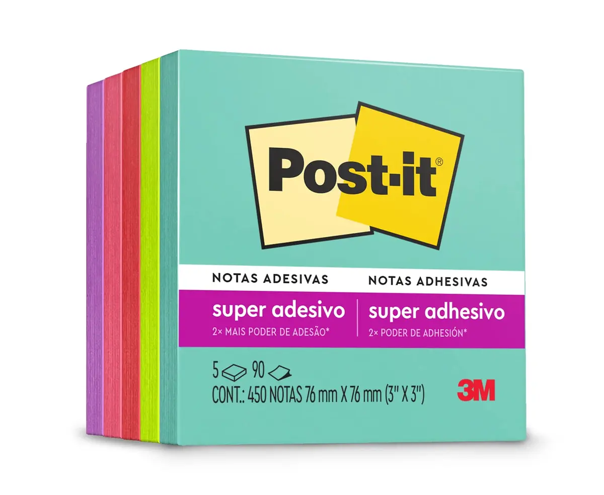 POST-IT 3M Bloco de Notas Adesivas Coleção Supernova Neon 450 Folhas | 76 mm x 76 mm, Adesão Excelente, Ideais para Anotações e Recados em Superfícies Verticais, Como Paredes, Janelas, Vidro