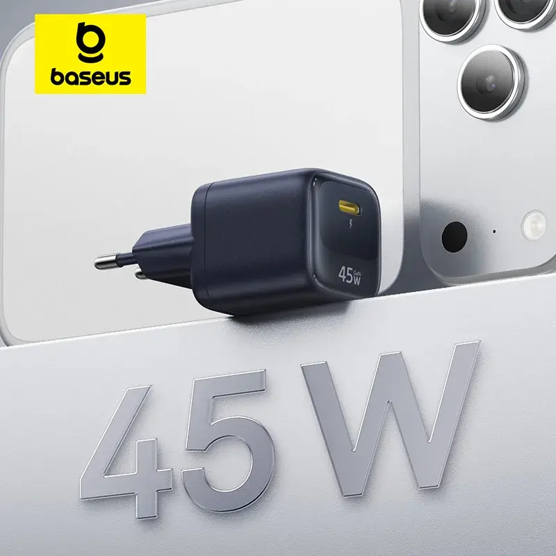 Carregador Baseus 45W GaN para iPhone 17 16 15 Pro Max Samsung Galaxy Carregador Rápido USB C Portátil PD