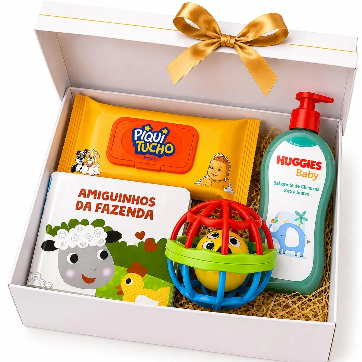 Presente para Bebê Recém Nascido Kit com Chocalho, Livro, Sabonete Líquido, Lenço Umedecido e Caixa Personalizada