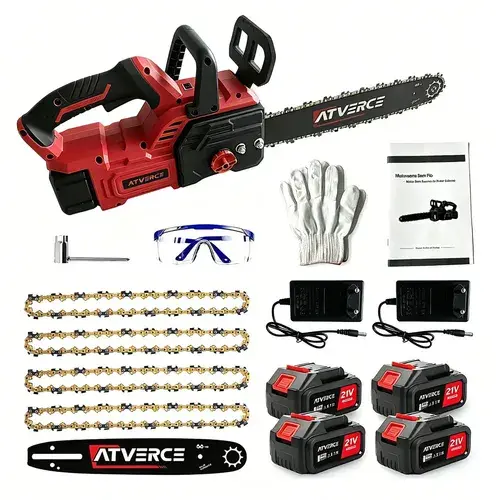 Motosserra Elétrica Atverce PRO-BRL004 Brushless 1800W, Sabre de 16" (40.64 cm), com Kit 4 Baterias de 21V, para Poda de Árvores e Jardinagem