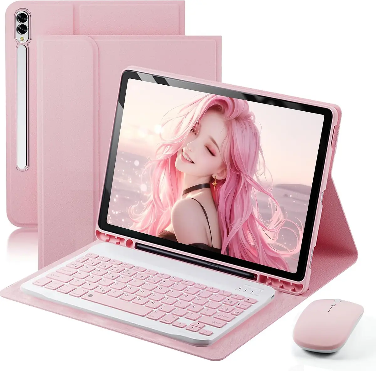 Capa Teclado para Samsung Galaxy Tab S11/ S10/ S9/ S8 Ultra 14,6" Capinha | com [Teclado Bluetooth destacável] [Suporte de Lápis] e [Mouse Bluetooth] Multiângulo Função de Despertar Automático, Rosa