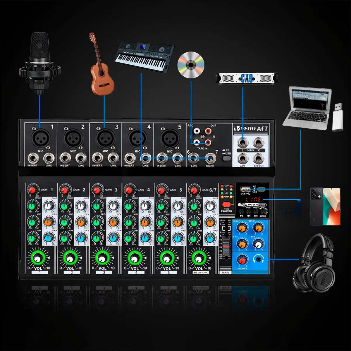 VEDO Mixer de áudio,AF7 7 canais Mixer de placa de som com Bluetooth, entrada USB para PC Fonte de alimentação fantasma de 48V profissional música/Podcast/Produção/Guitarra/Computador 1000+ aparelho