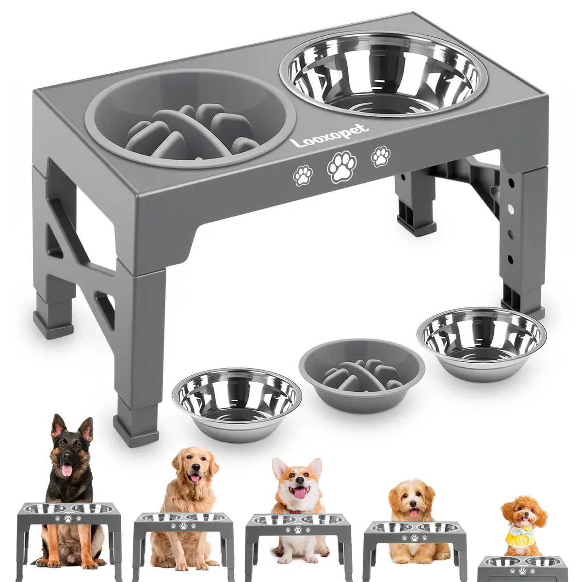 Comedouro Elevado para Cães, 5 Alturas, Lento e 2 Tigelas Inox, Cinza | Antiderrapante,Fácil de limpar, Dobrável - 1