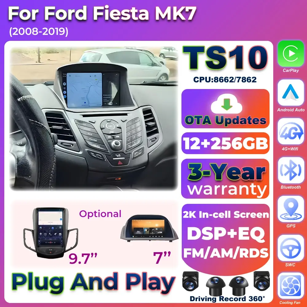 Rádio Automotivo Android 16 Carplay para Ford Fiesta MK7 2009 2010 2011 2012 2013 -2017 Reprodutor Multimídia Tela de Navegação Wifi Estéreo