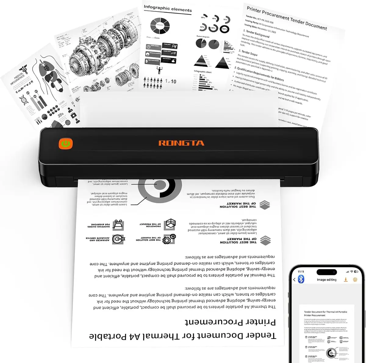 Impressoras Térmicas Portáteis Rongta Sem Fio para Viagem, Impressora Móvel Bluetooth, Impressora Sem Tinta para Uso em Escola/Escritório/Casa, Compatível com Android, iOS e Laptop (Preto)