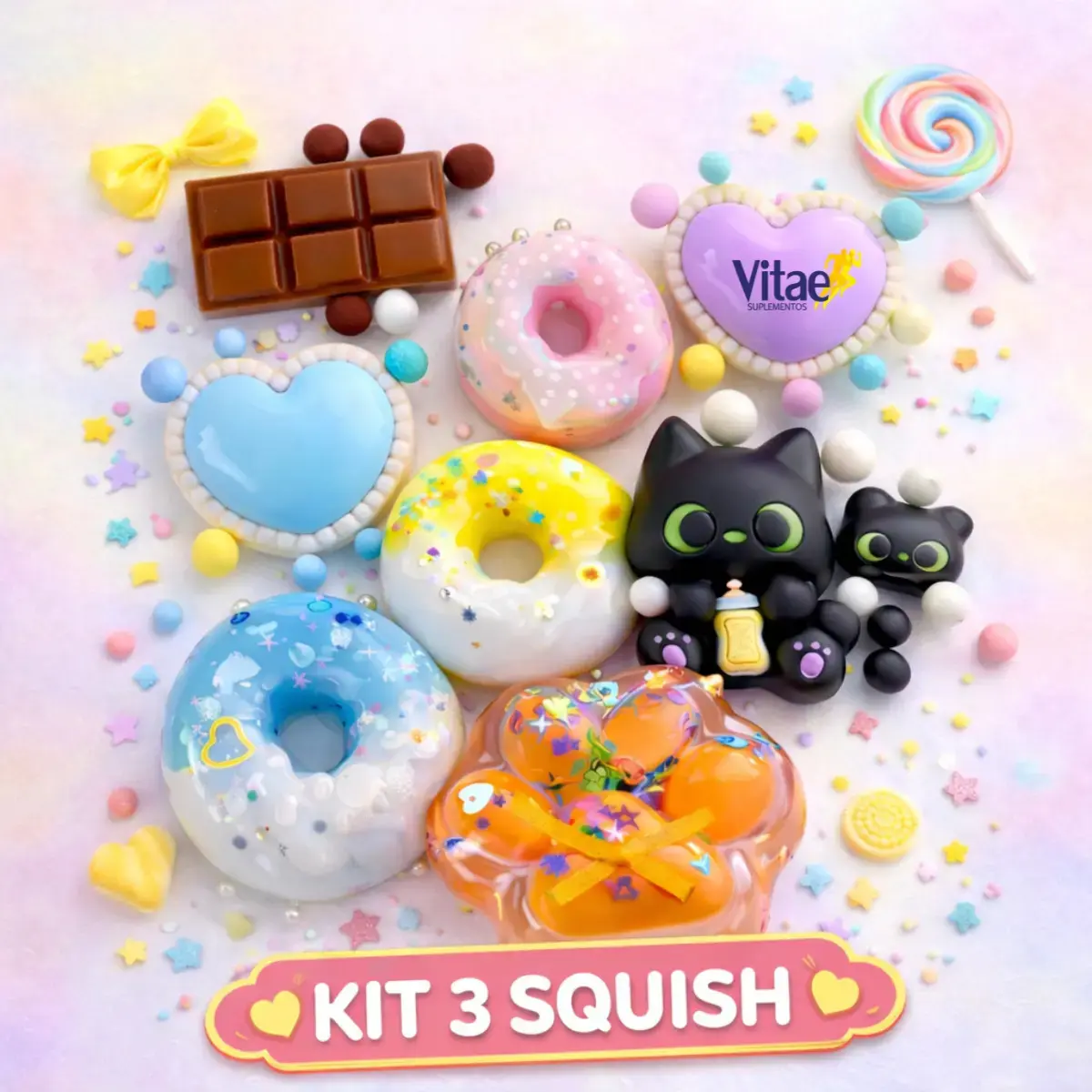 Kit 3 Taba Squishy Alívio Estresse Apertar Anti-stress Kawaii Tiktok De Apertar Gatinho, Chocolate, Donuts, Coração Sortidos Vitae S - 1