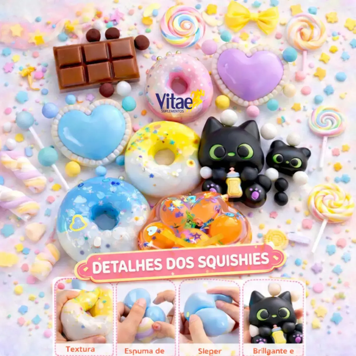 Kit 3 Taba Squishy Alívio Estresse Apertar Anti-stress Kawaii Tiktok De Apertar Gatinho, Chocolate, Donuts, Coração Sortidos Vitae S thumbnail 2