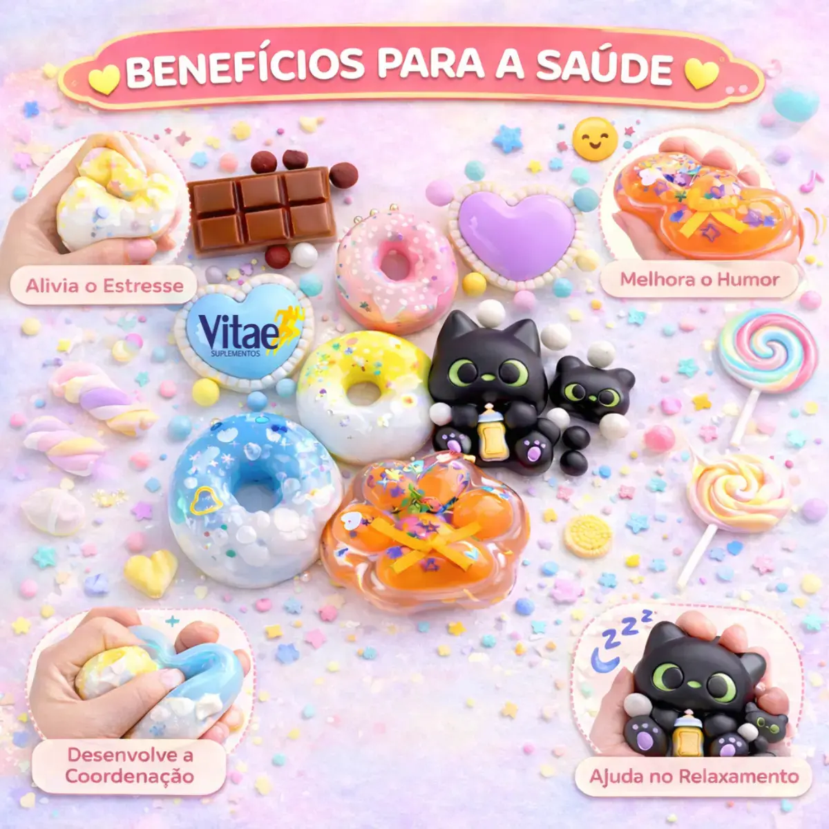 Kit 3 Taba Squishy Alívio Estresse Apertar Anti-stress Kawaii Tiktok De Apertar Gatinho, Chocolate, Donuts, Coração Sortidos Vitae S thumbnail 3