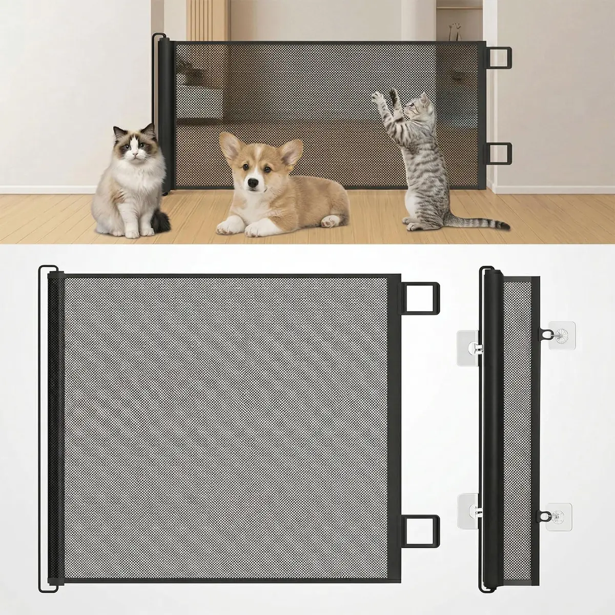 Grade para Cachorros Retrátil, Cercado para Cachorros em Tela de Proteção, Portão de Segurança para Bebês e Pets, Fácil Instalação para Portas, Corredores, Escadas e Varandas(Preto-70 * 130)