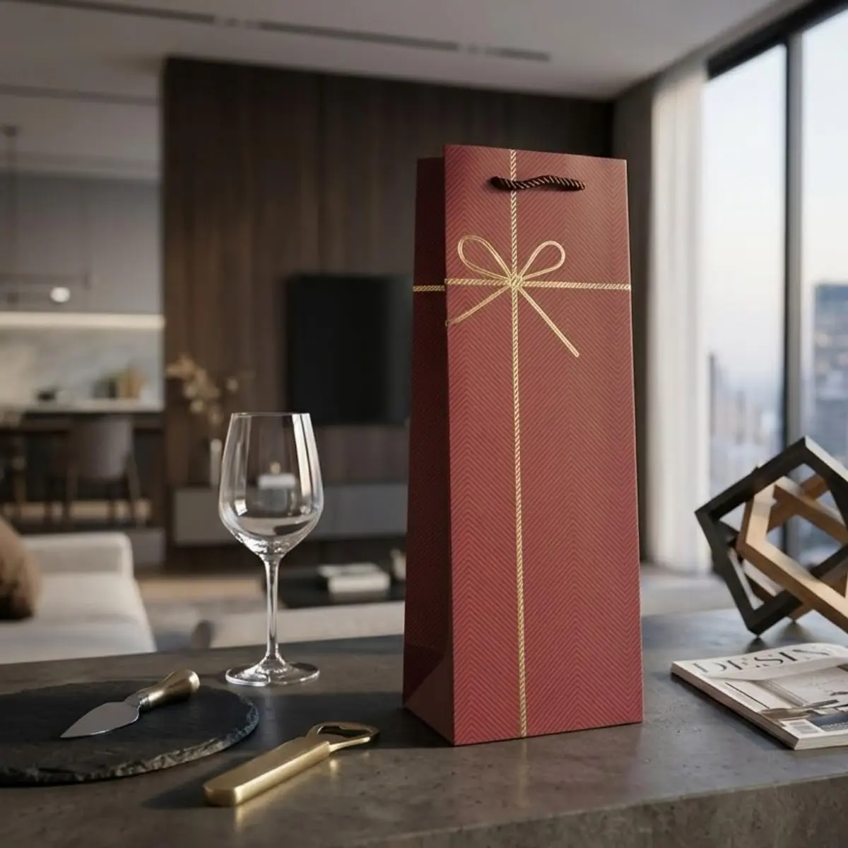 Sacola Para Vinho Presente Luxo Laço Metalizada Kraft com Alça 39x12cm Dia Dos Pais Natal Ano Novo Aniversário Casamento Embalagem Premium (Vinho) - 1
