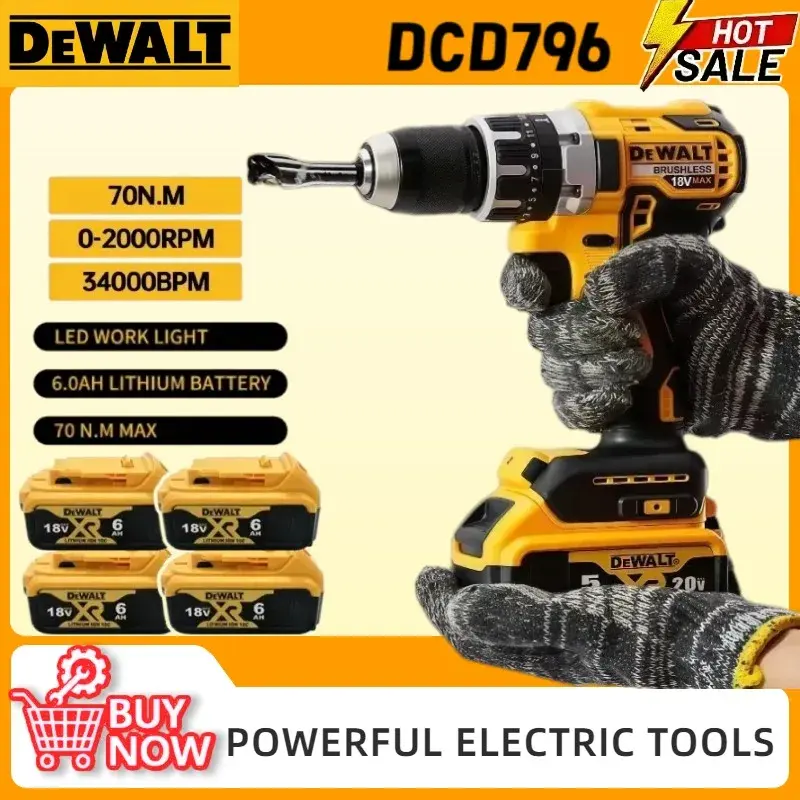 Furadeira Elétrica Sem Fio Dewalt DCD796, Parafusadeira Multifuncional Sem Escovas, Ferramentas Elétricas Recarregáveis para Bateria de 18V