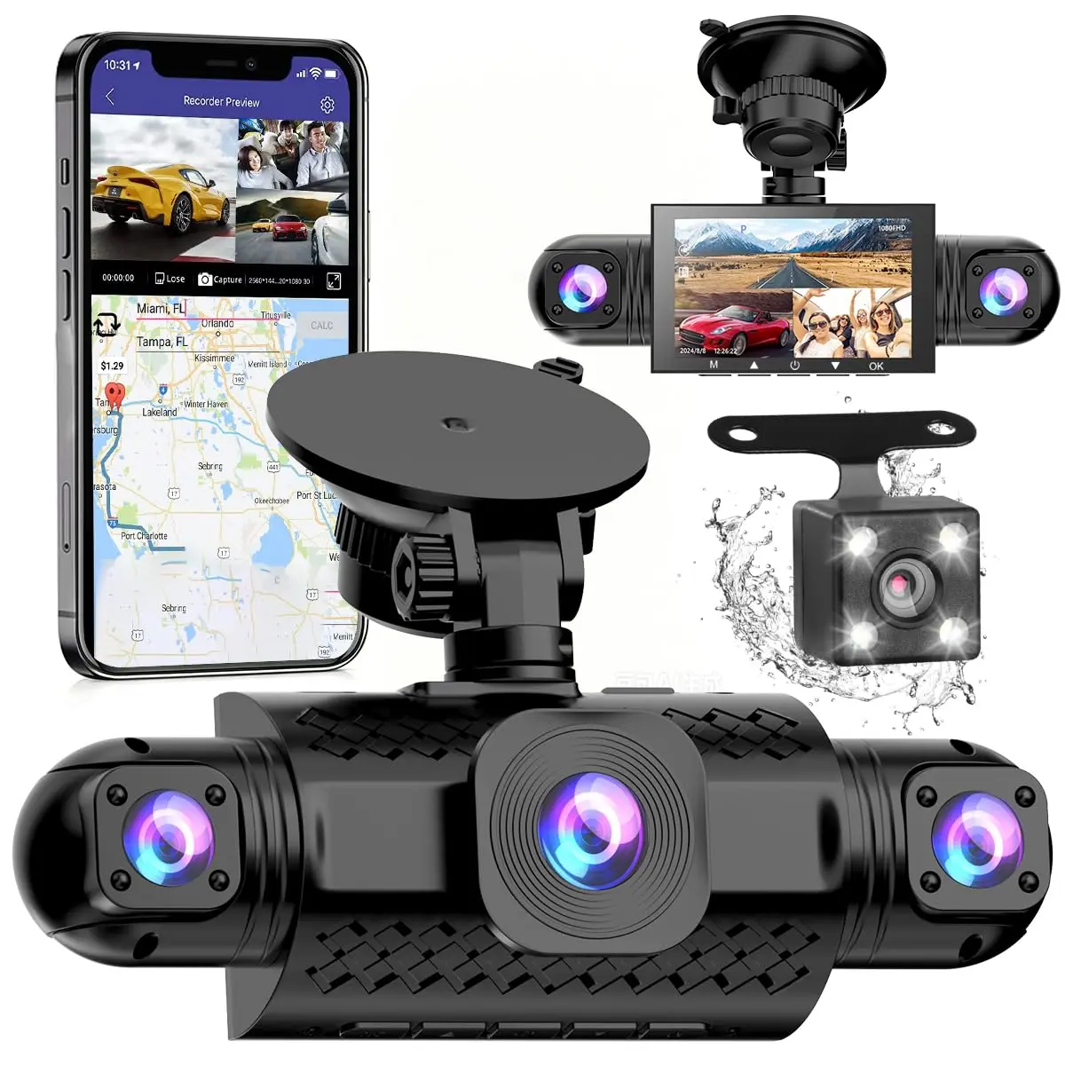 Câmera Veicular 4 Lentes Full HD 1080P com Visão Noturna, Ângulo de 170° | 4 Lentes, Tela IPS 3,0", Sensor G e Gravação em Loop; Inclui Cartão de 64GB - 1