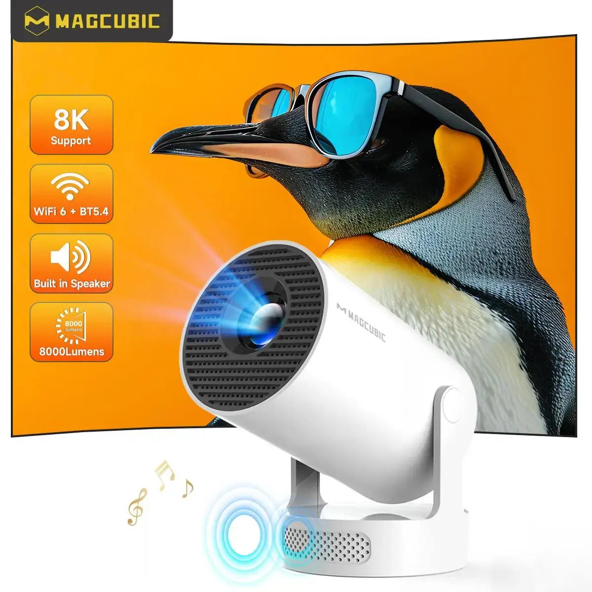 Projetor Magcubic Android 14 8K 1280*720P HY300 Pro + Dual Wifi 290ANSI 180 ° Projetor Portátil Flexível BT5.4 para Cinema ao Ar Livre