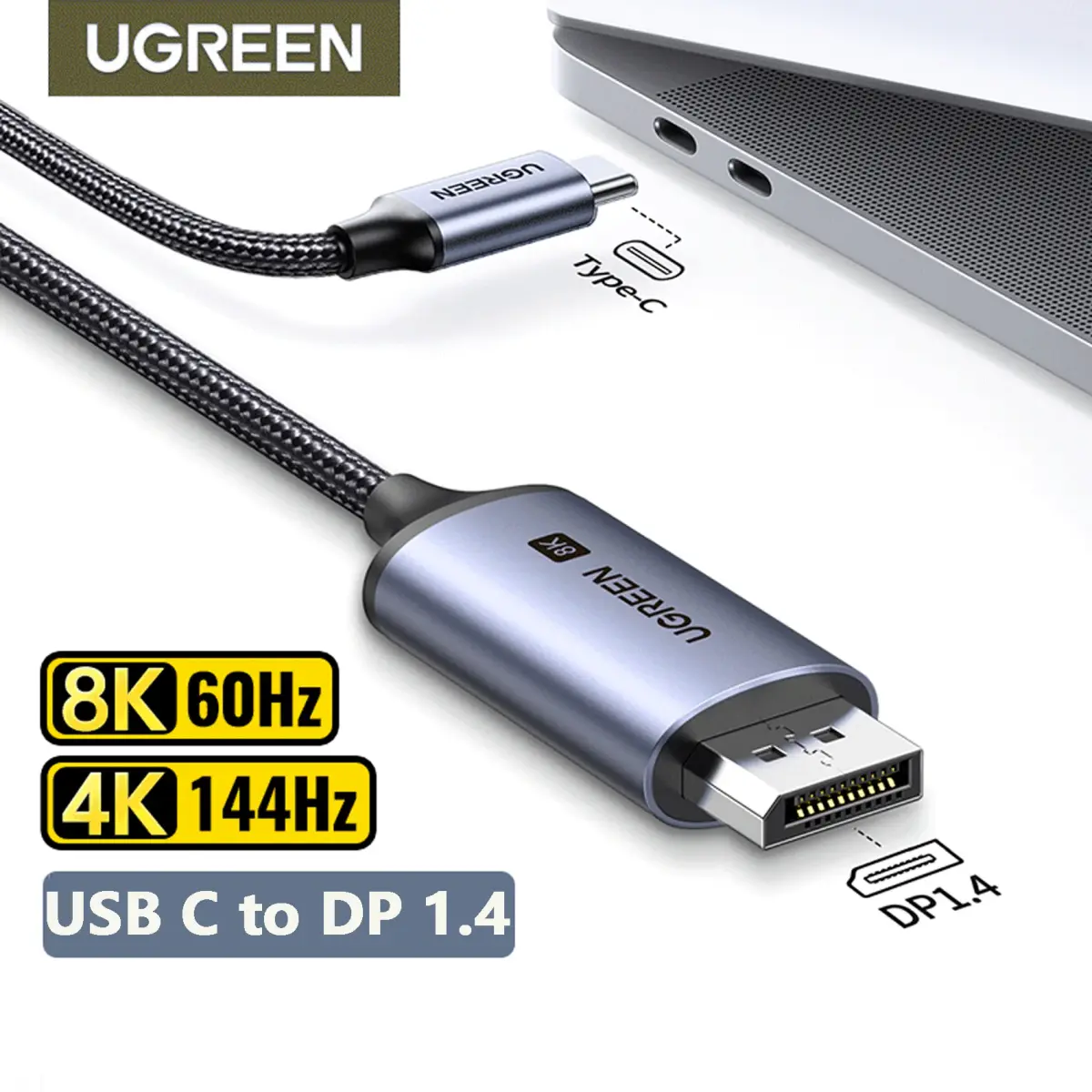 UGREEN-USB C para 8K Displayport 1.4 Cabo, Compatível para iPhone 15, Macbook Pro, iPad, Thunderbolt 3, 4, USB Tipo C para 8K Cabo DP, 32.4Gbps