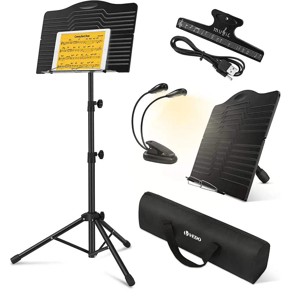 VEDO Estante de Partitura Portátil de Metal com Luz – Suporte de Mesa para Partituras/Livros para Violão, Ukulele e Violino