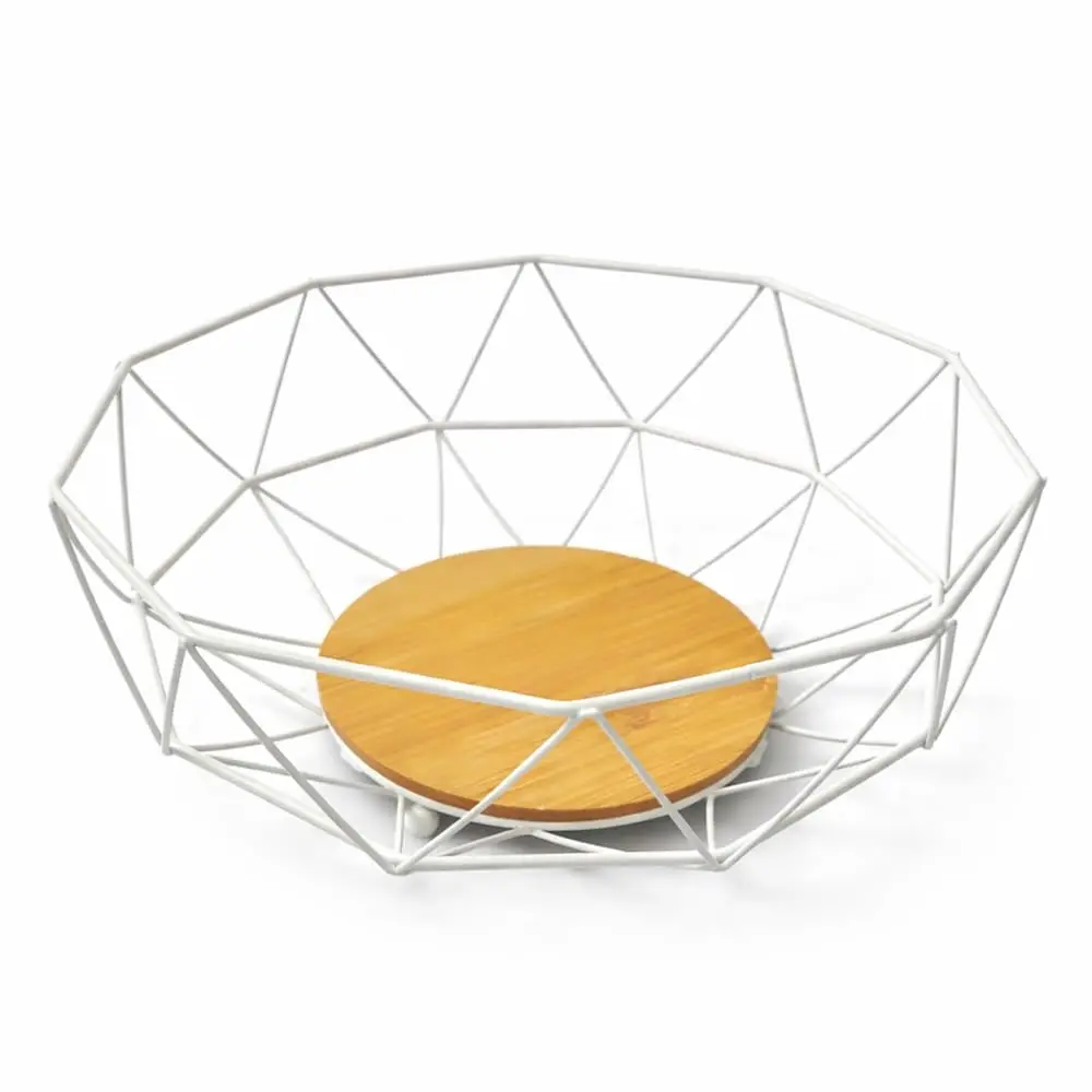 BSMIX Fruteira Geométrica 28cm Branca Base Madeira Mesa Bancada