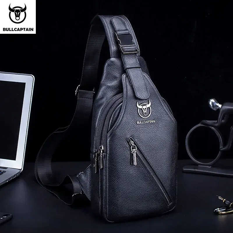 BULLCAPTAIN Bolsa de peito de couro masculina multifuncional bolsa de armazenamento de viagem bolsa mensageiro masculina bolsa de couro com zíper de hardware