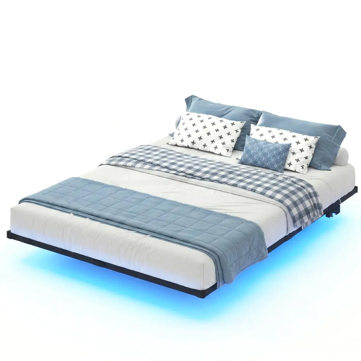 Estrutura De Cama De Metal, Cama Suspensa Casal, Com cintura de luz LED e Tomada, Suporta até 400KG, Design Moderno, Fácil de Montar, 190cm*140cm, preto
