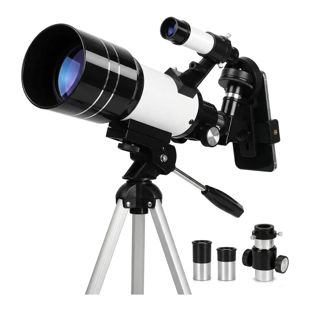 Telescópio Astronômico Profissional 70mm Kit Suporte Celular para Iniciante | 70mm Abertura, 300mm Focal, 150X Aumento, Filtro Baader, Tripé Ajustável, Bluetooth Selfie, Kit Completo, Celeste e Terrestre - 1