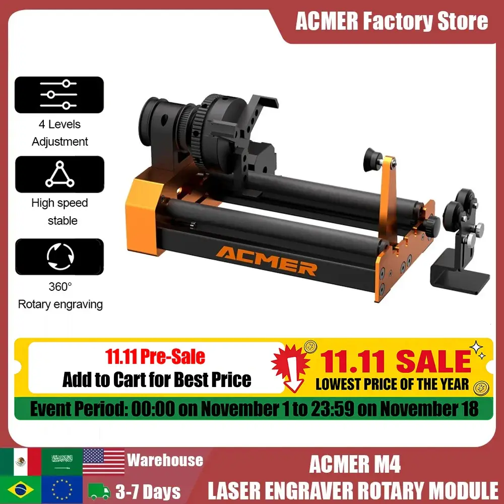 Acmer m4 módulo rotativo de gravador a laser, 4 ° eixo rotativo para braçadeira de eixo rotativo, diâmetro 4-64mm, acessórios, superfície curvada, 3 mandíbulas - 1