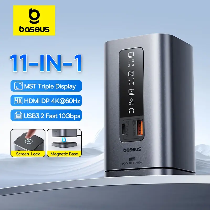 Baseus 11-em-1 usb c hub hdmi dp 4k @ 60hz mst display triplo usb 3.2 divisor com rj45 3.5mm microfone pd100w estação de encaixe magnético