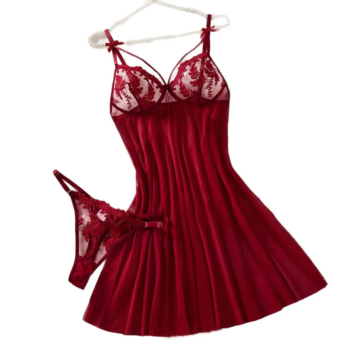 Camisola de noite semitransparente, bordada com motivos de espigas de trigo, estilo campestre, cor vinho, para mulher, elegante e confortável, com detalhe de laço, modelo ZA825066. - 1