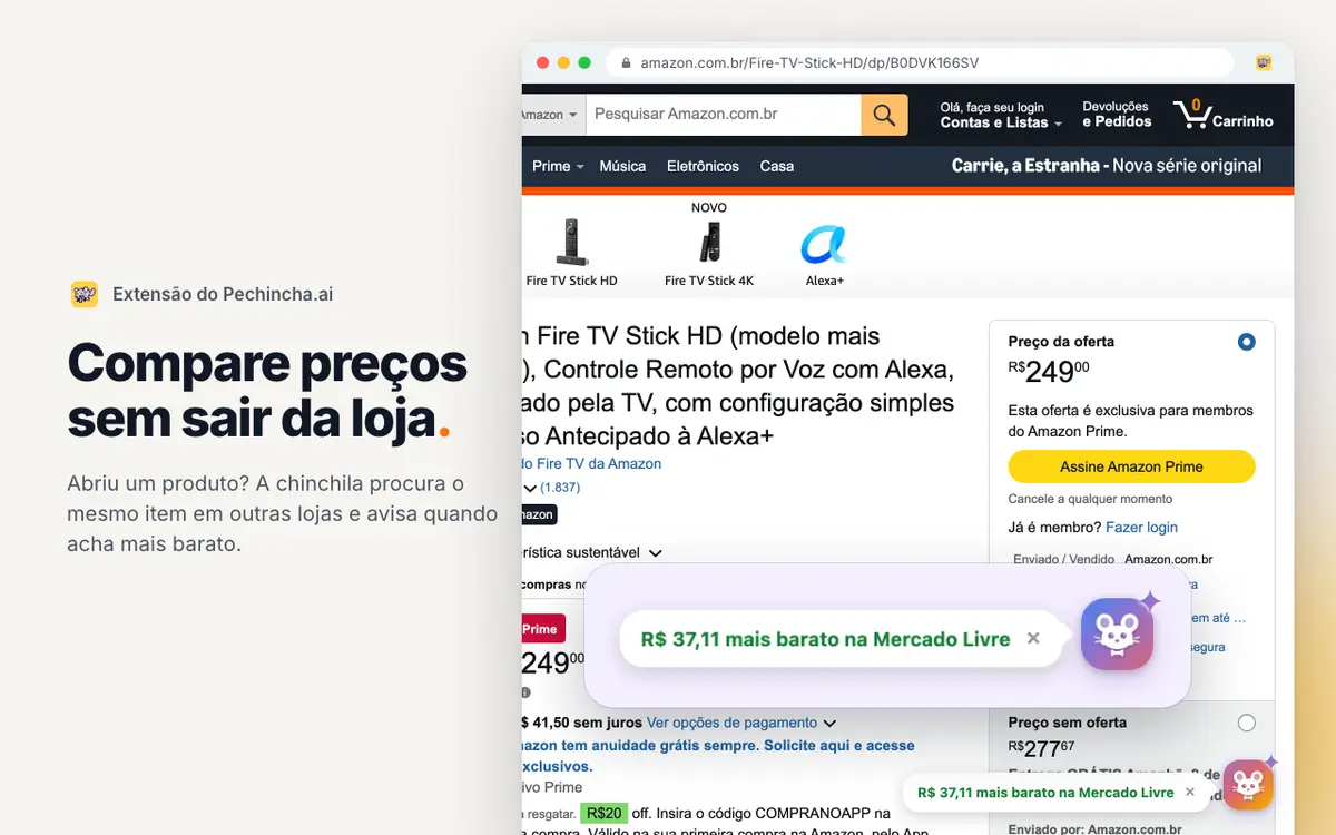 Página de produto com o balão da extensão: R$ 37,11 mais barato em outra loja