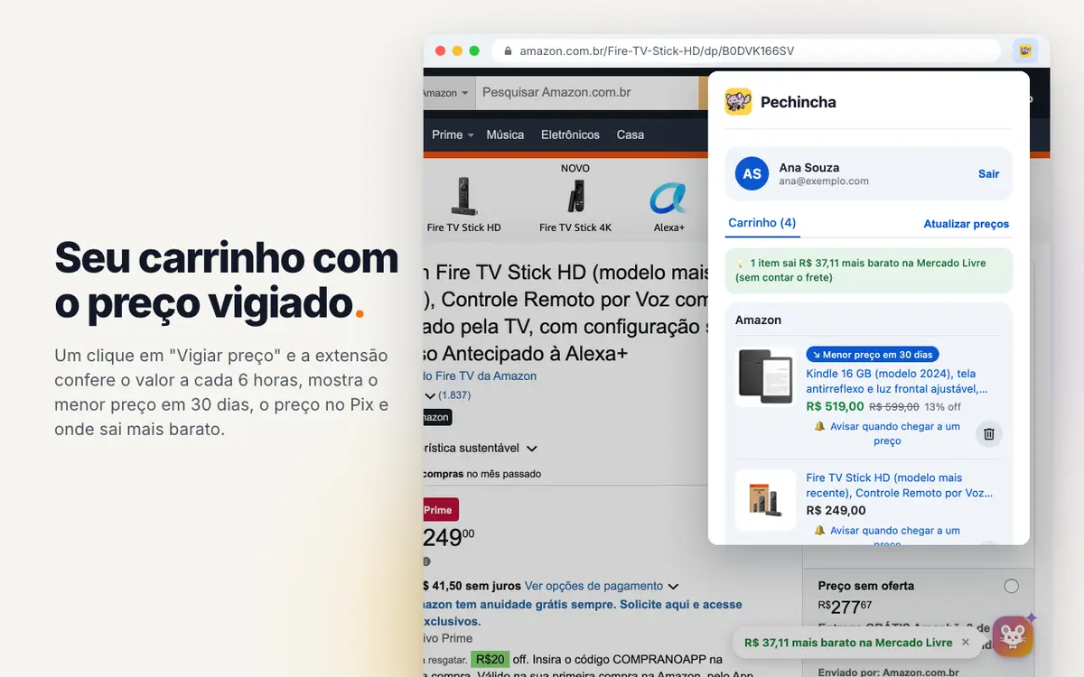 Carrinho da extensão com o menor preço em 30 dias e onde o produto sai mais barato