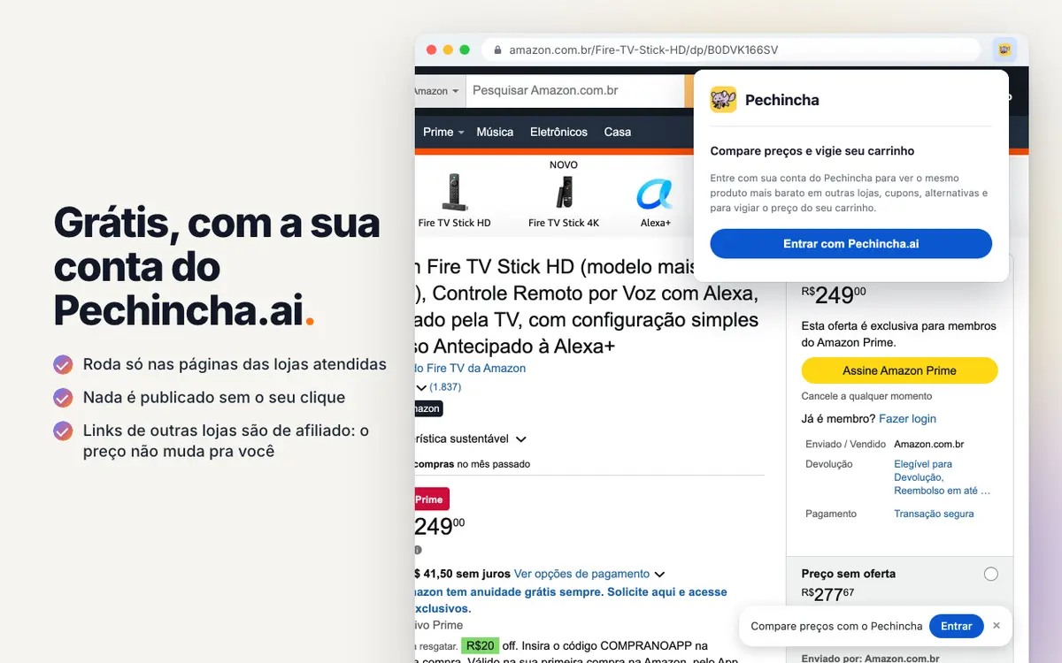 Convite para entrar com a conta grátis do Pechincha.ai na página da loja